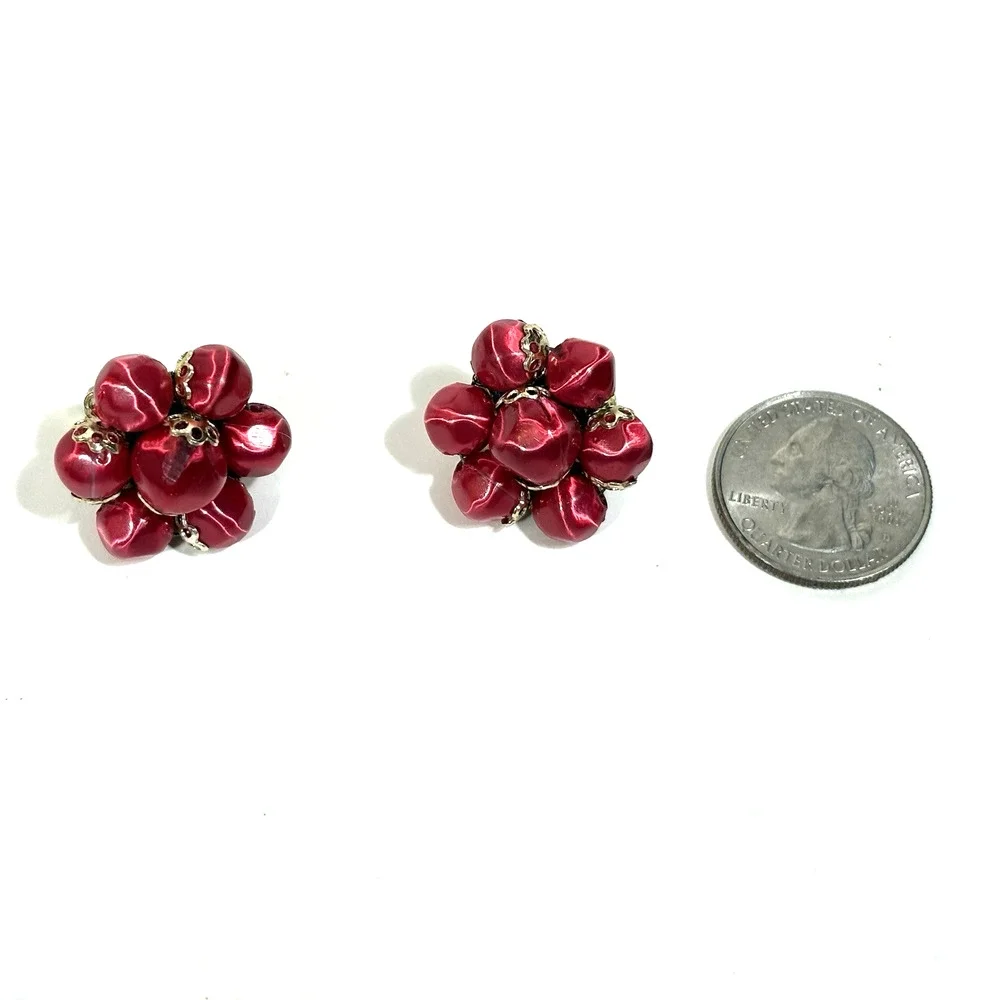 Vintage Red Satin Bead Earrings, Orbit Clip On Round Flowers Retro Japan 1950s